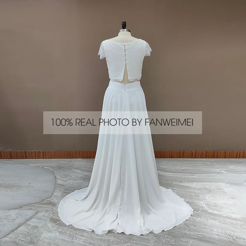 9399# Real Photos Two Pieces Wedding Dresses Lace Top Short Sleeve Bridal Gown Jewel Neck Beach Wedding Gown Vestidos De Novia