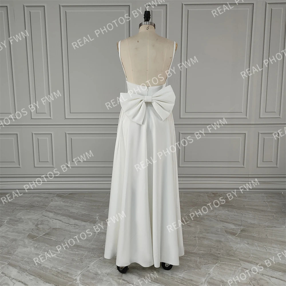 Real Photos Sexy High Split Soft Satin Wedding Bridal Gown Spaghetti Straps V Neck Backless Bow Bridal Dress Evening Dress