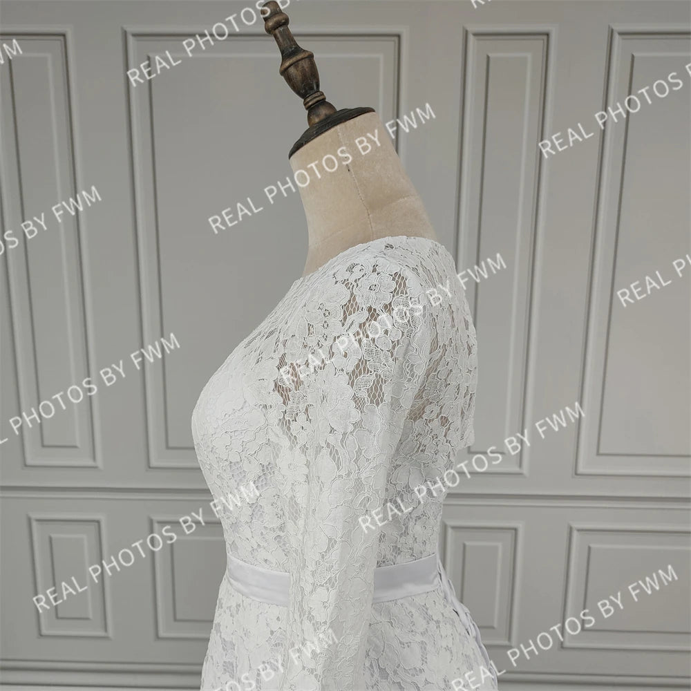 Real Photos High Quality Corset Back O-Neck Lace Long Sleeve A-Line Appliques Lace Wedding Dress for Women Bridal Gown