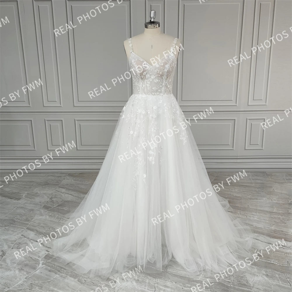 Real Photos High Quality Spaghetti Straps Low Back A-line Wedding Dress for Women Flowers Sequined Lace Bridal Gown