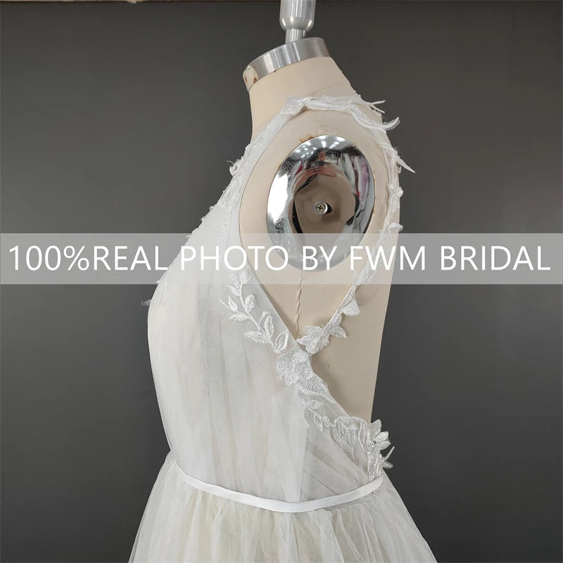 11809# One Shoulder Sleeveless Tulle Lace Applique Sexy Back A-Line Bohemian Sweep Train Wedding Dress Bridal Gown Real Photos
