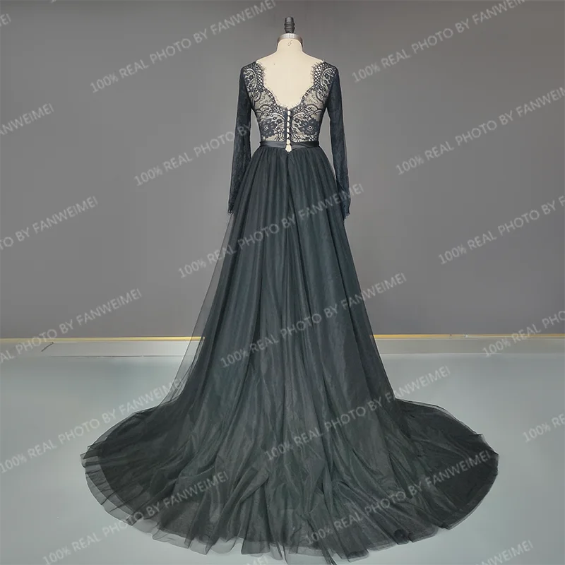 Real Photos High Quality Black Gothic Long Sleeves Lace Wedding Dress for Women Low Back Tulle Bridal Gowns
