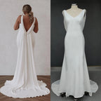 12553# Real Photos Simple Detachable Sweep Train V-neck Trumpet  Soft Satin Wedding Dres Bridal Gown Evening Dresses