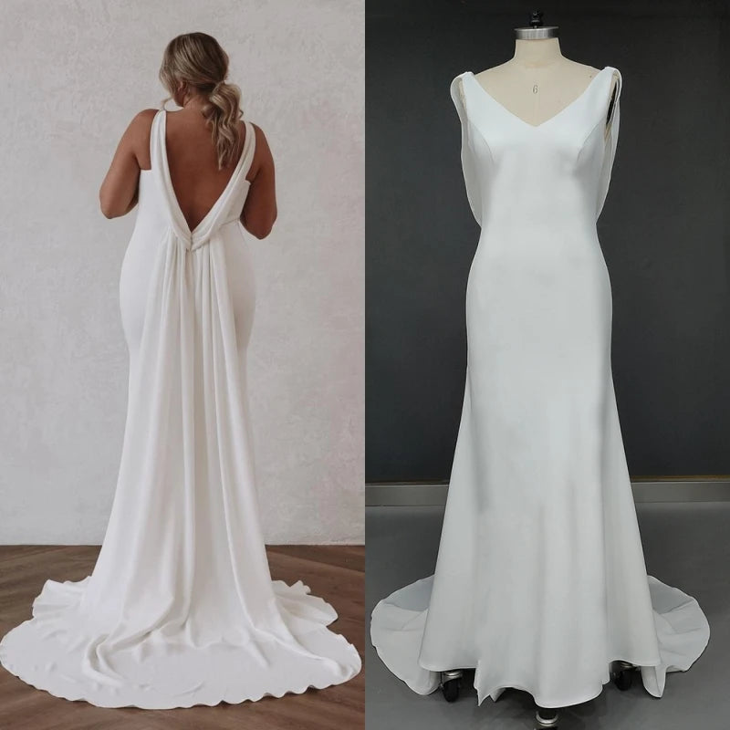 12553# Real Photos Simple Detachable Sweep Train V-neck Trumpet  Soft Satin Wedding Dres Bridal Gown Evening Dresses