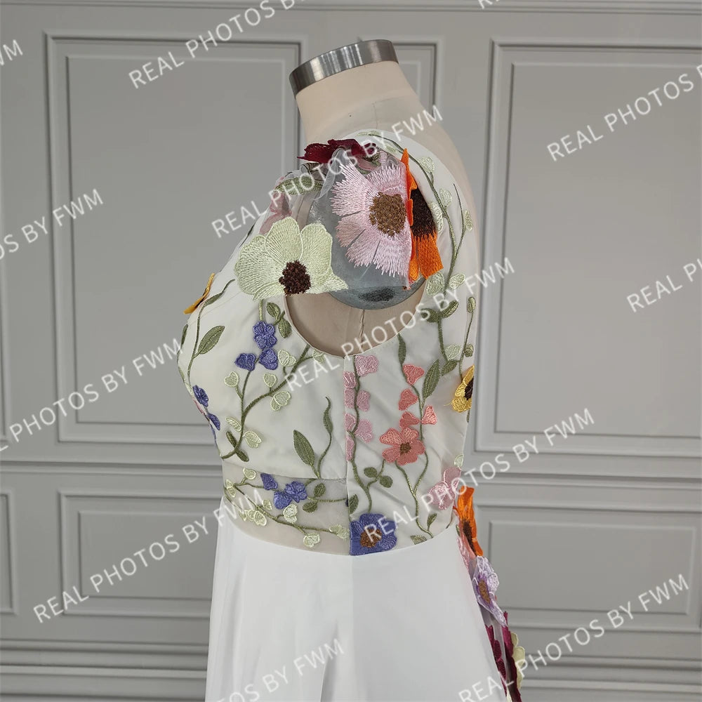 10808# Real Photos Pastrol Cap Sleeves V-Neck Floral Appliques A-line Chiffon Wedding Dress for Women Backless Bridal Gown