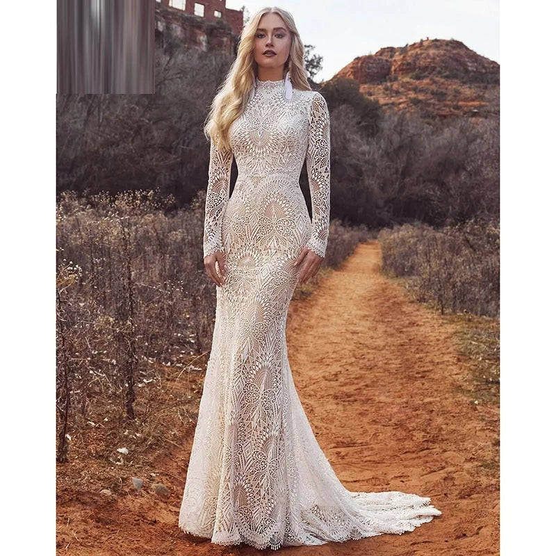 11797# Real Photos Exquisite High Neck Long Sleeves Mermaid Wedding Dress Bridal Gown for Women With Appliques Lace Bohemia