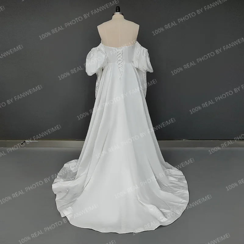 Real Photos Off Shoulder Puffy Sleeves Pleat Soft Satin Bride Gown for Women Sweep Elegant Bridal Dress for Wedding