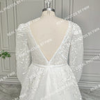 Real Photos High Quality Elegant V-Neck Lace A-line Wedding Dress for Bride Women Long Sleeves Backless Bridal Gown