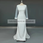 8209#Real Photos Sheer Long Sleeve O-Neck Open Corset Back Sheath Soft Satin Sweep Train Wedding Dress Wedding Bridal Gown
