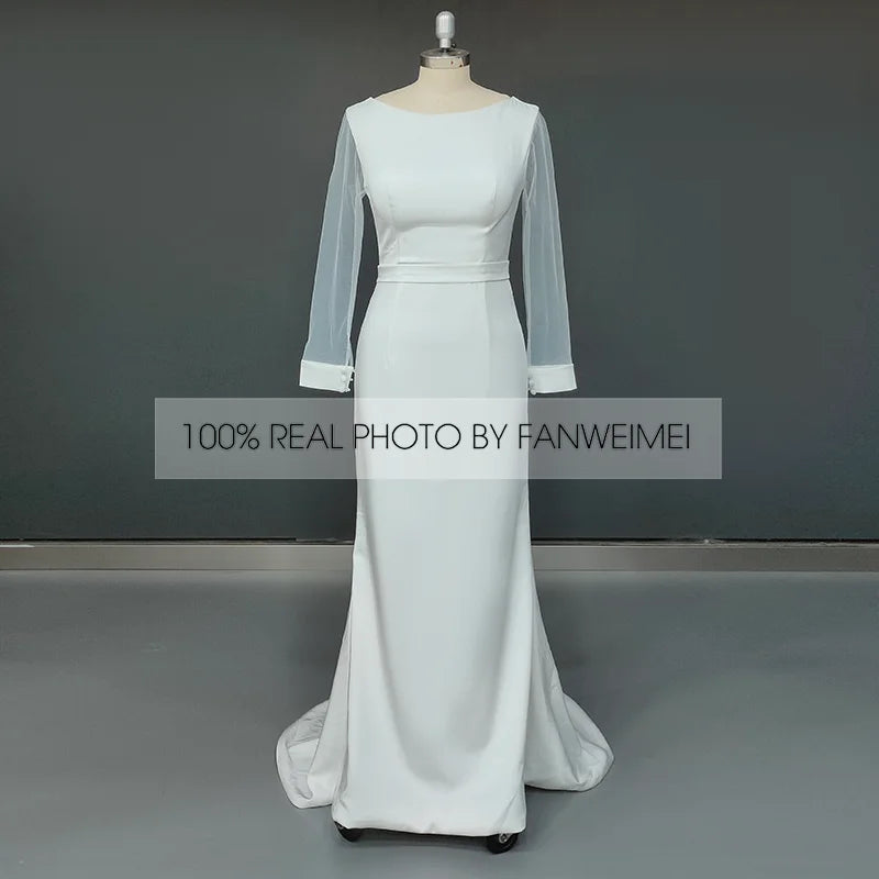 8209#Real Photos Sheer Long Sleeve O-Neck Open Corset Back Sheath Soft Satin Sweep Train Wedding Dress Wedding Bridal Gown
