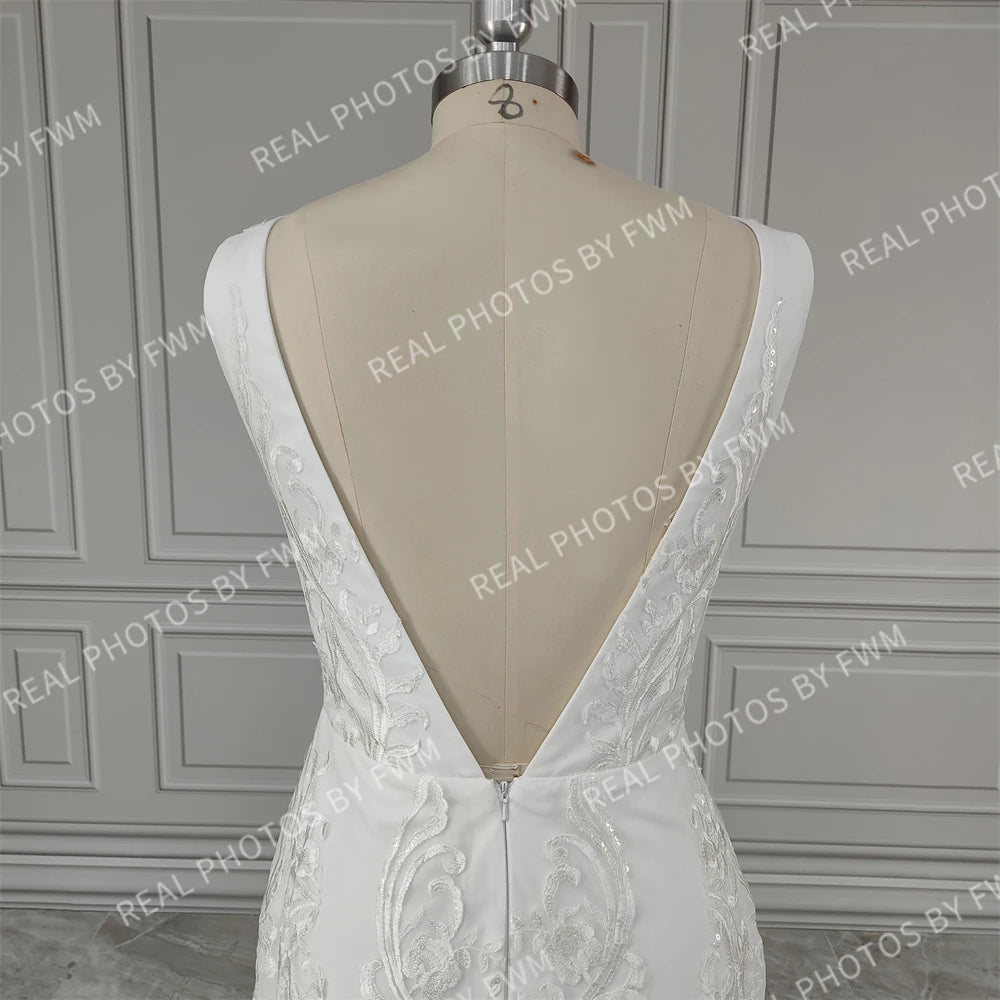 Real Photos V-neck Appliques Sequined Lace Mermaid Wedding Dress Elegant Backless Bride Gown for Women Vestidos De Novia