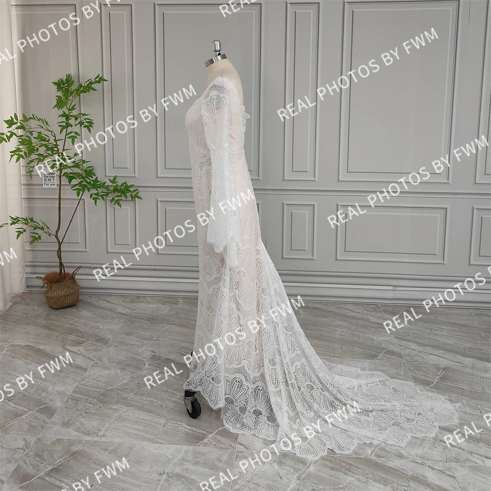 Real Photos High Quality Boho Flare Sleeves Lace Wedding Dress for Bride Woman Open Back Bridal Gown With Train  Wedding Gown