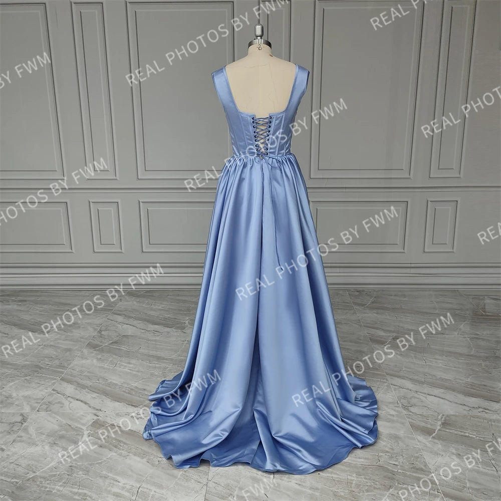 14579# Real Photos Square Collar High Side Slit A-line Corset Satin Evening Dress Women Formal Prom Gown for Party