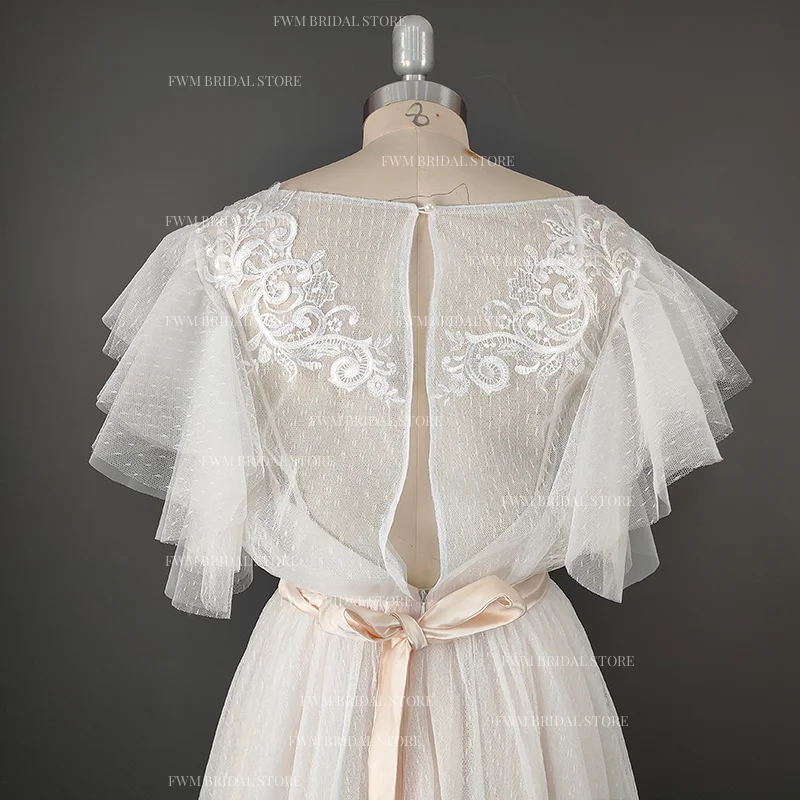 11676# Real Photos Short Sleeve Tulle Lace Sweep Train Dot Mesh Open Back Bohemian Beach Wedding Dress Wedding Gown Bridal Gown