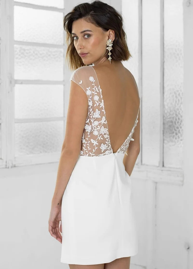 15189# Real Photos Illusion Appliques Lace Backless Mini Wedding Gown Birthday Party Dress for Women Prom Evening Dress