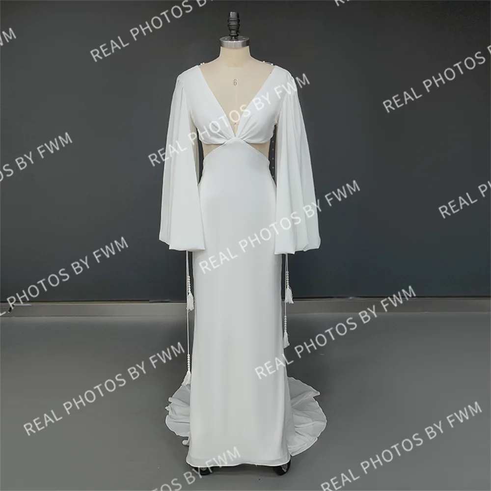 Real Photos Simple V-neck Backless Pearls Puffy Sleeves With Tassel Wedding Dress Sweep Train Mermaid Bridal Gown for Women
