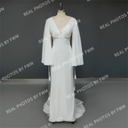 Real Photos Simple V-neck Backless Pearls Puffy Sleeves With Tassel Wedding Dress Sweep Train Mermaid Bridal Gown for Women