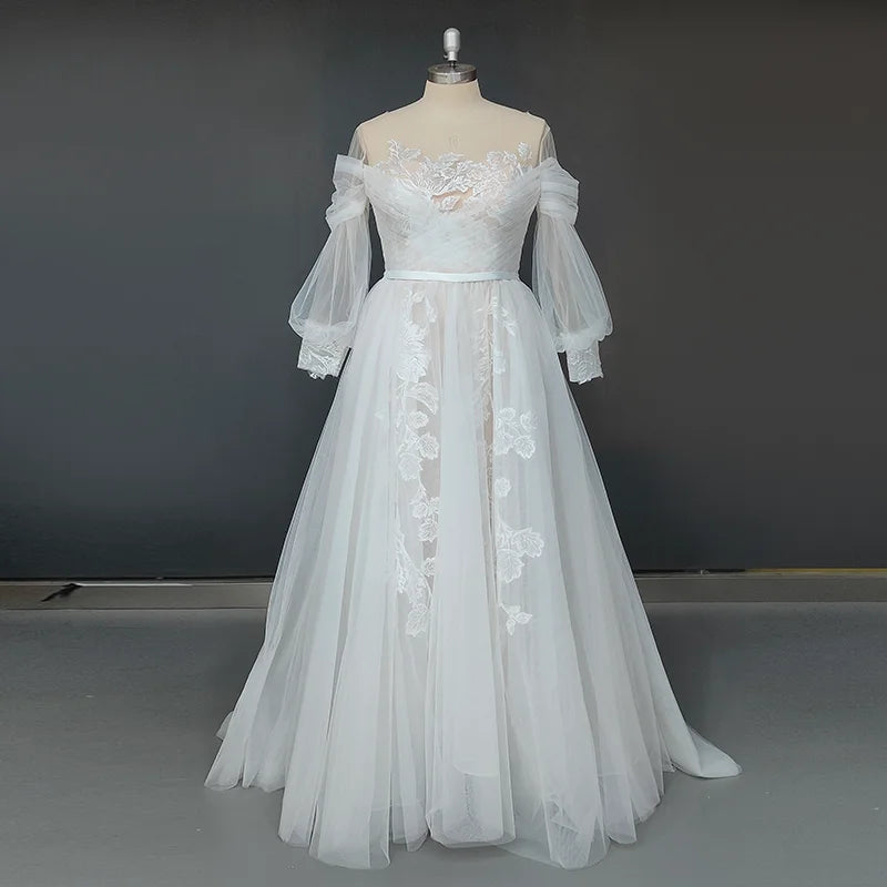 Real Photos Puffy Sleeve O-Neck Sweep Train Applique Lace A-Line Wedding Dress Woman Tulle Bridal Gown for Wedding Dress