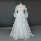 Real Photos Puffy Sleeve O-Neck Sweep Train Applique Lace A-Line Wedding Dress Woman Tulle Bridal Gown for Wedding Dress