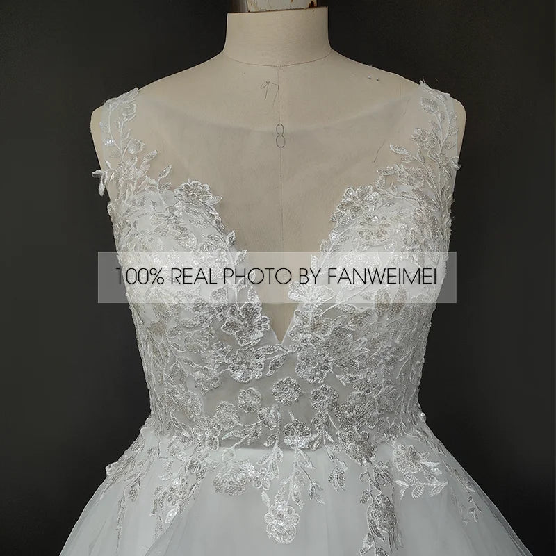 Real Photos Elegant Spaghetti Straps V-Neck Applique Lace Ball Gown for Wedding Ruffles Tulle  Women Wedding Dress Bridal Gown