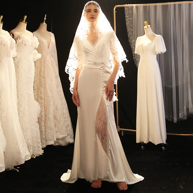 V113# 100% Real Picture Appliques Wedding Veil Length 175 CM Wholesale White Elegant Lace Tulle Edge Bridal Veils Custom Made