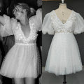12177#  Real Photos Backless V-neck Puffy Sleeves Flowers Short Wedding Dress for Engagement  Lace With Pearls Bridal Gown