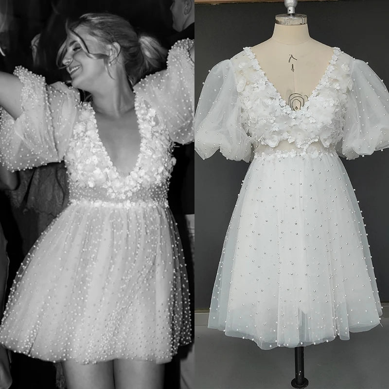 12177#  Real Photos Backless V-neck Puffy Sleeves Flowers Short Wedding Dress for Engagement  Lace With Pearls Bridal Gown