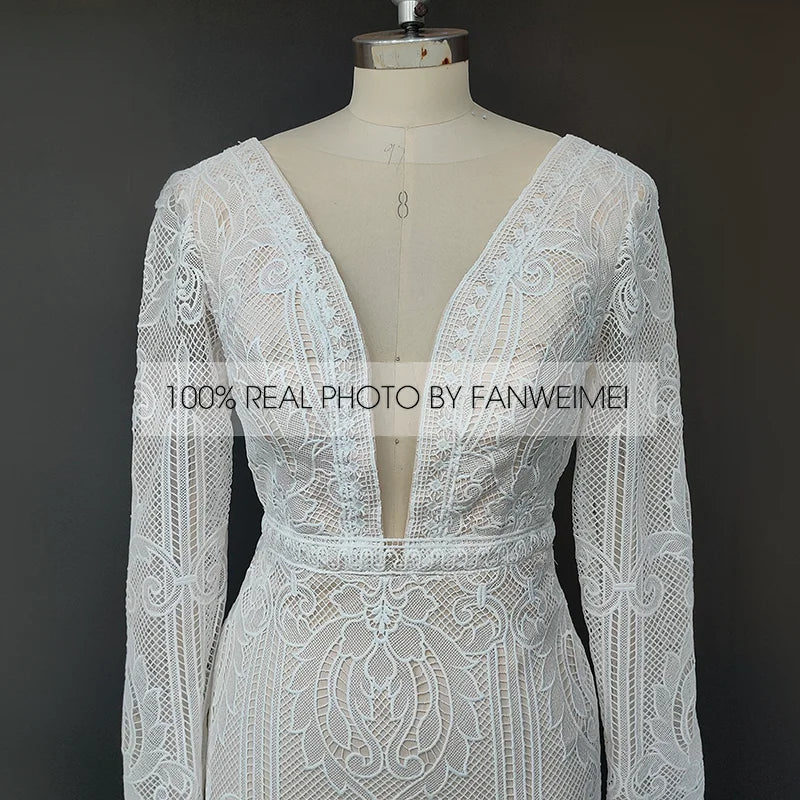 Real Photos Boho V-Neck Long Sleeve Mermaid Appliques Lace Wedding Dress Woman Backless Sweep Train Bridal Gown for Wedding