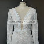 Real Photos Boho V-Neck Long Sleeve Mermaid Appliques Lace Wedding Dress Woman Backless Sweep Train Bridal Gown for Wedding