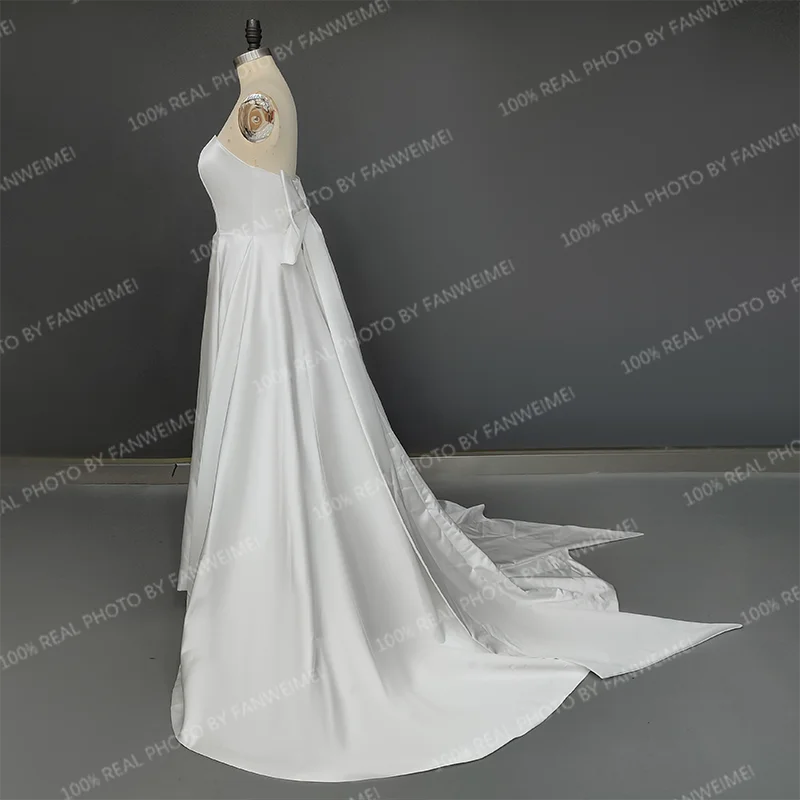 3422# Real Photos Elegant Sleeveless Backless Satin A-Line Bride Dress Satin Wedding Dress With Detachable Big Bow
