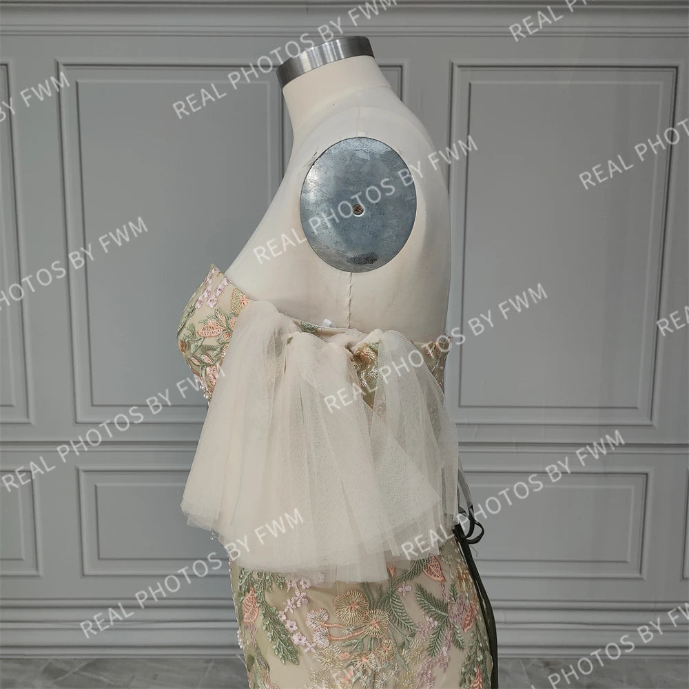 15205# Real Photos Off Shoulder Flowers Sweep Train Tulle Mermaid Wedding Gown Birthday Party Dress for Women Prom Evening Dress