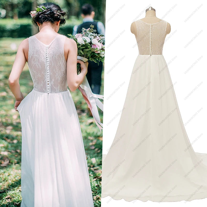 735# Real Photos Wedding Dress Sleeveless Round Neck Sheer Back Bohemian A-Line Beach Sweep Train Chiffon Lace Bride Gown