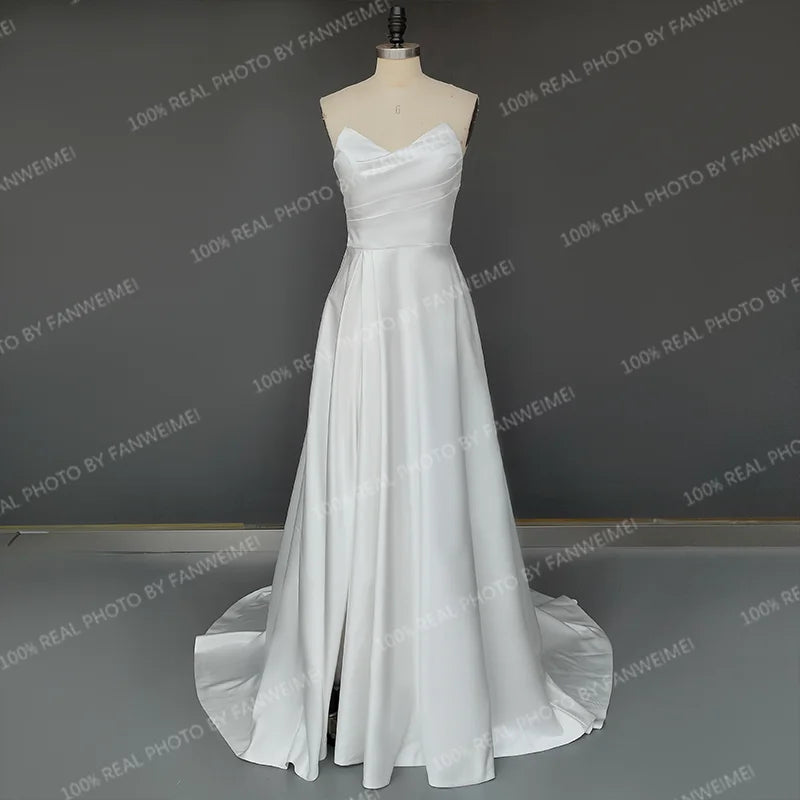 Real Photos Gorgeous Strapless Sleeveless A-Line Simple Sweep Train Satin Wedding Dress Side Slit Bridal Gown for Women