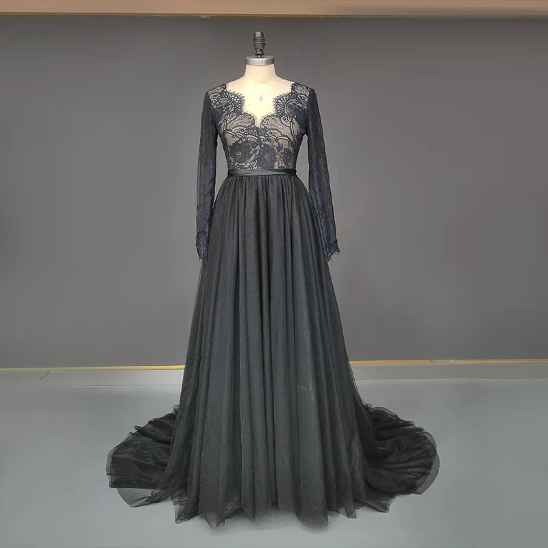 Real Photos High Quality Black Gothic Long Sleeves Lace Wedding Dress for Women Low Back Tulle Bridal Gowns