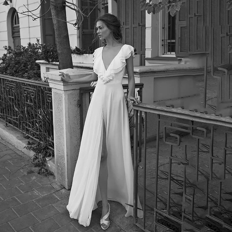 10370#Real Photos Sleeveless Ruffle V Neck Chiffon Beach Open Back Floor Length Simple Elegant Wedding Dress Wedding Bridal Gown