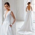 Real Photos High Quality Long Pearls Tulle A-line Wedding Dress for Bride Elegant Backless Satin Bridal Gown With Pockets