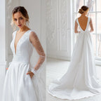 Real Photos High Quality Long Pearls Tulle A-line Wedding Dress for Bride Elegant Backless Satin Bridal Gown With Pockets