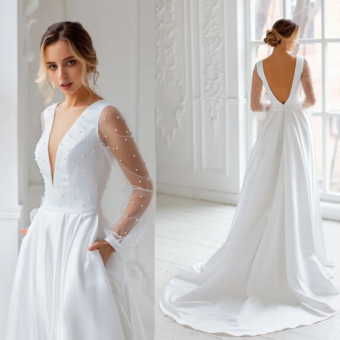 Real Photos High Quality Long Pearls Tulle A-line Wedding Dress for Bride Elegant Backless Satin Bridal Gown With Pockets