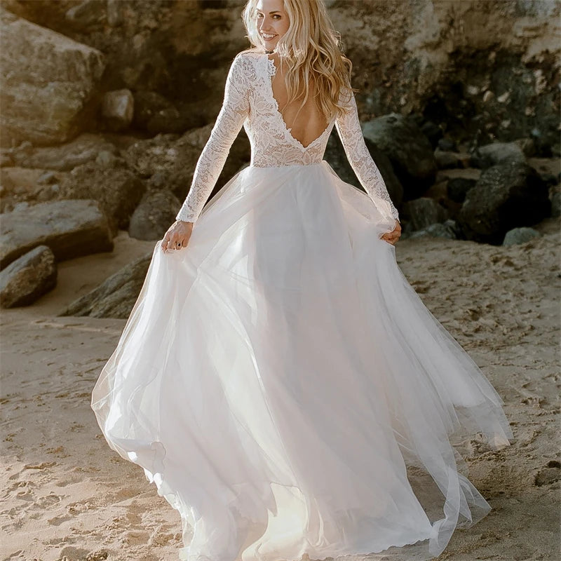 11617#Real Photos A-Line Lace O-Neck Sweep Train Bohemian Long Sleeve Illusion Open Back Wedding Dress Wedding Gown Bridal Gown