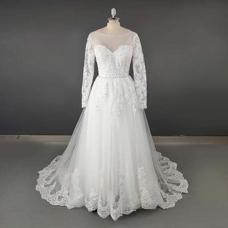 Real Photos Exuquisite Long Sleeve  Sweep Train A-line Appliques Lace Wedding Dress With Sequined Bridal Gown for Wedding Dress
