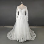 Real Photos Exuquisite Long Sleeve  Sweep Train A-line Appliques Lace Wedding Dress With Sequined Bridal Gown for Wedding Dress