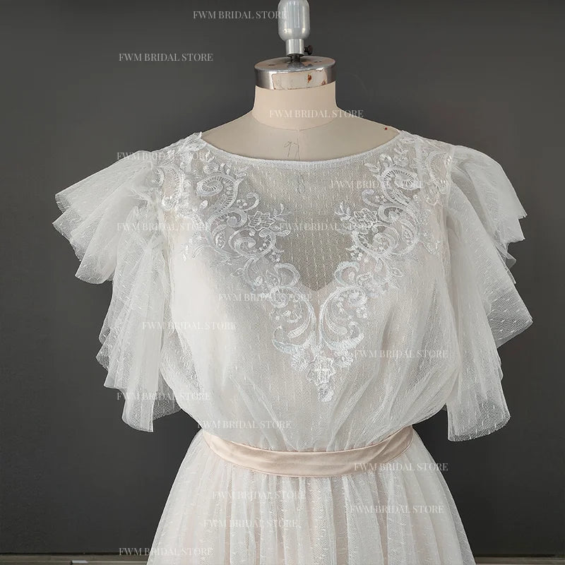 11676# Real Photos Short Sleeve Tulle Lace Sweep Train Dot Mesh Open Back Bohemian Beach Wedding Dress Wedding Gown Bridal Gown