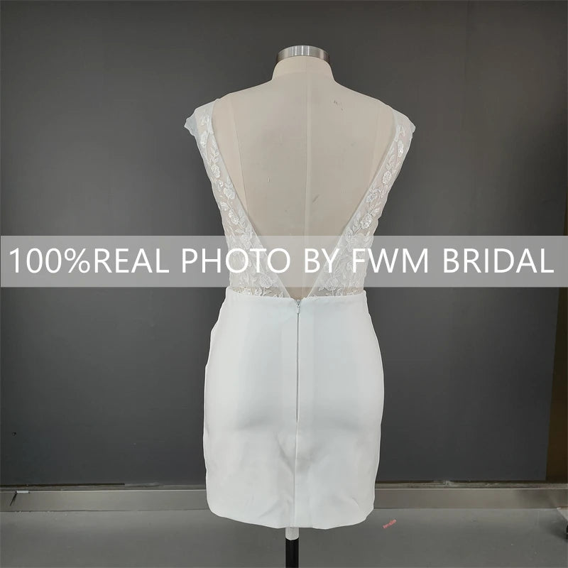 15189# Real Photos Illusion Appliques Lace Backless Mini Wedding Gown Birthday Party Dress for Women Prom Evening Dress