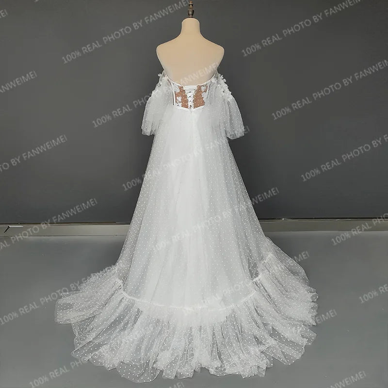 Real Photos Elegant Off Shoulder Sweetheart Dotted Mesh Lace Wedding Dress Backless Appliques Bridal Gown for Women