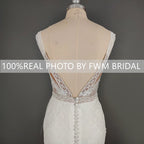 12590# Real Photos V Neck Backless Mermaid Wedding Dress Sleeveless Boho Romatics Lace Bridal Gown for Beach Lawn Wedding