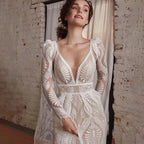 8259#Real Photos Spaghetti Strap Lace Bohemian Deep V-Neck Open Back Illusion Wedding Dress Wedding Bridal Gown