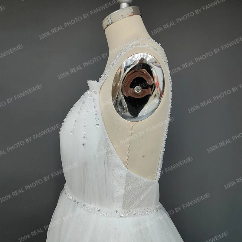 Real Photos Simple Beading Spaghetti Straps Lace Wedding Dress Boho Tulle A-Line Backless V-Neck Bridal Gown for Women