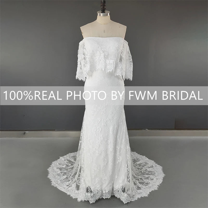 10560# Real Photos Simple Bohemia Low Back  Appliques Lace Sheath Wedding Dress Bridal Gown Party Evening Dress for Women