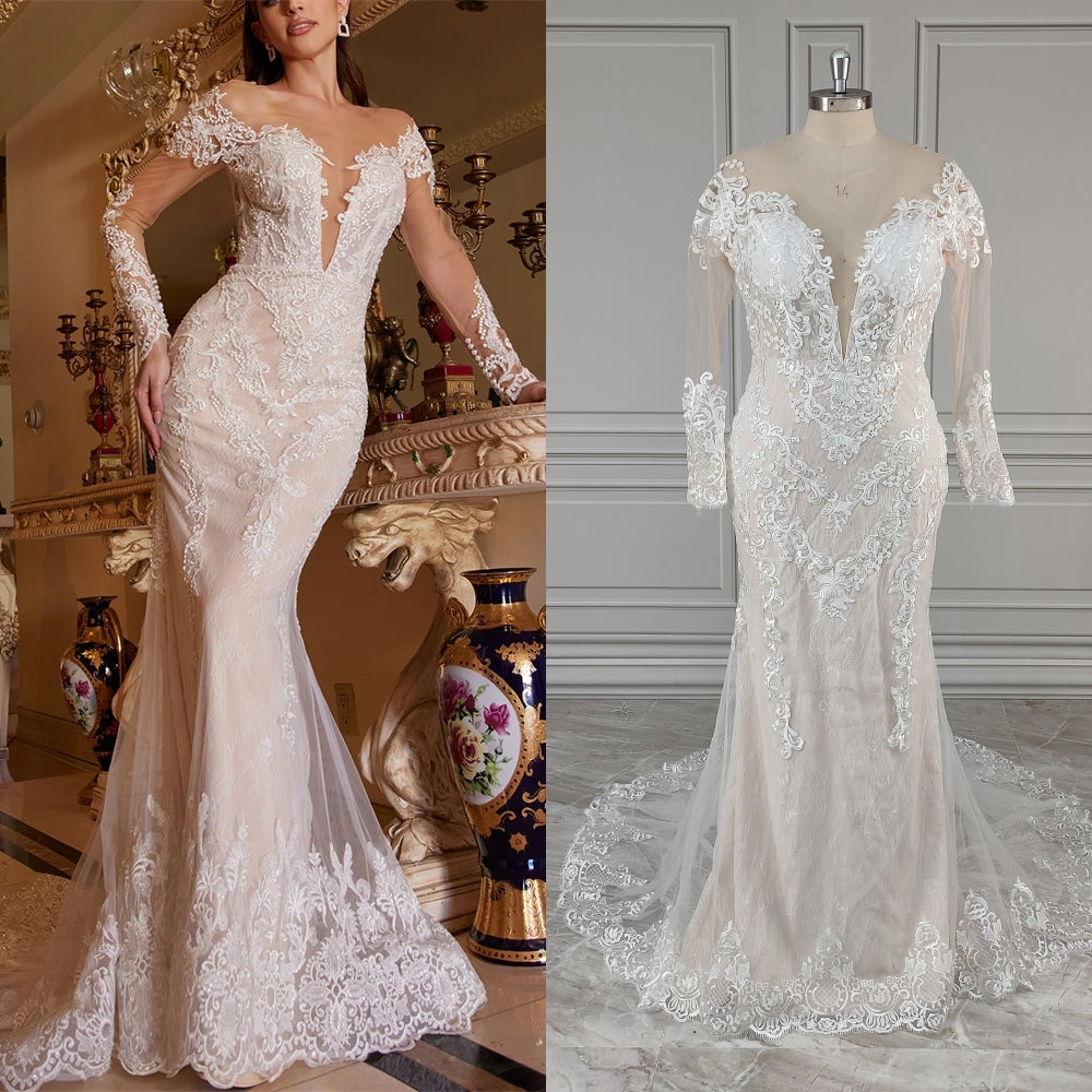 15883# Real Photos Long Sleeves Appliques Lace Mermaid Wedding Dress Sweep Train Backless Bride Gown for Women Vestidos De Novia