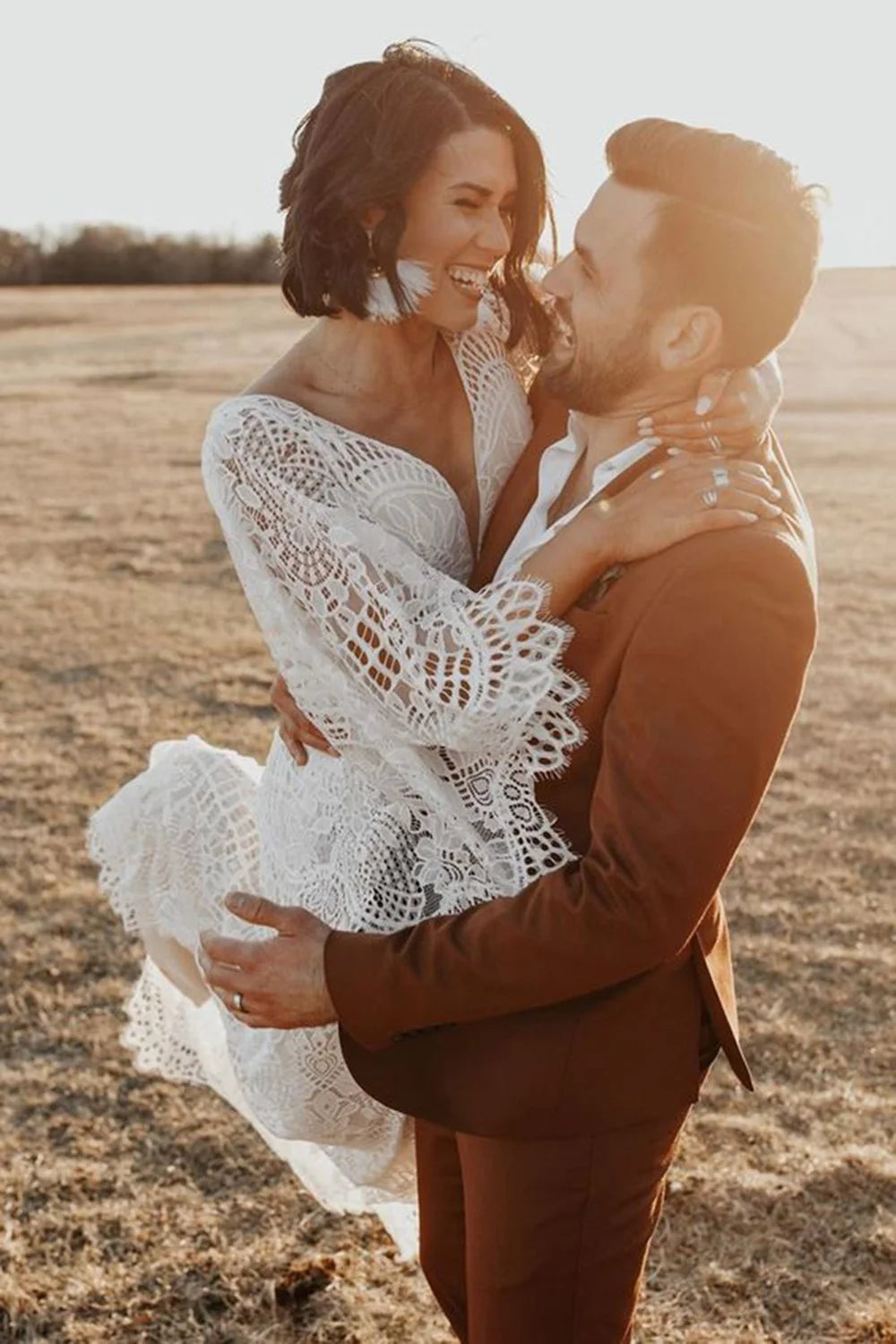 10168#  Real Photos Flare Sleeve Sexy V Neck Open Back Mermaid Bohemian Sweep Train Lace Wedding Dress Bride Gown